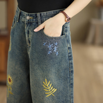 Embroidered Cropped Wide Leg Jeans | Floral Summer Denim