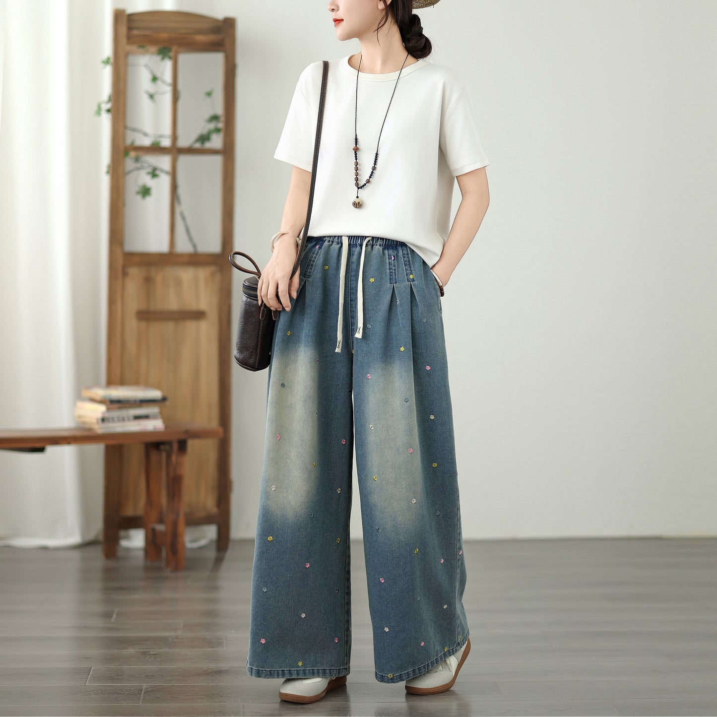Women's Jeans Elastic Waist Wide Leg Denim Pants