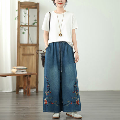 Women's Embroidery Wide Leg Denim Pants
