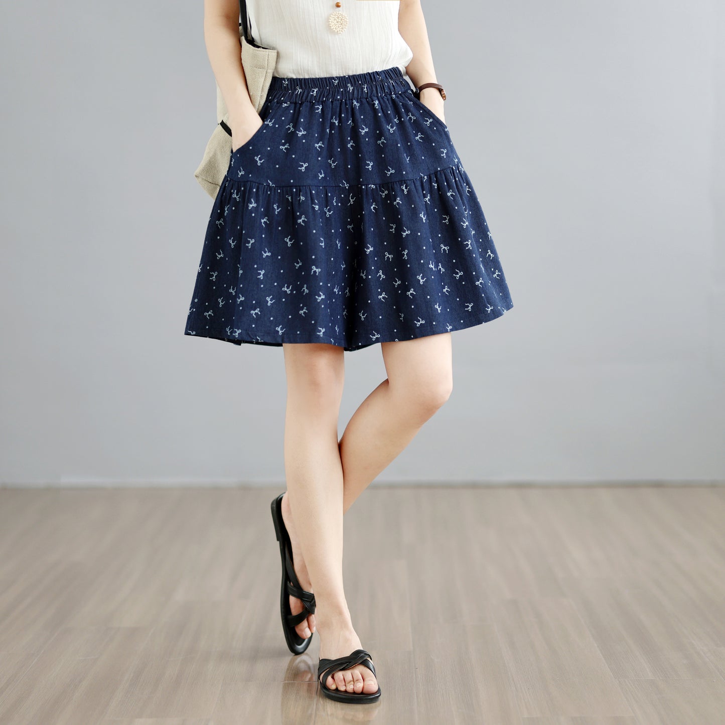 Floral Denim Skort Shorts – Elastic Waist & Pockets - LAI MENG FIVE CATS