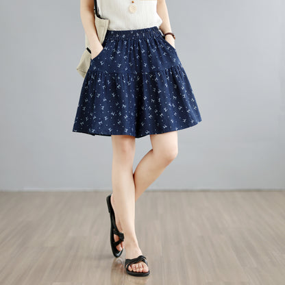 Floral Denim Skort Shorts – Elastic Waist & Pockets - LAI MENG FIVE CATS