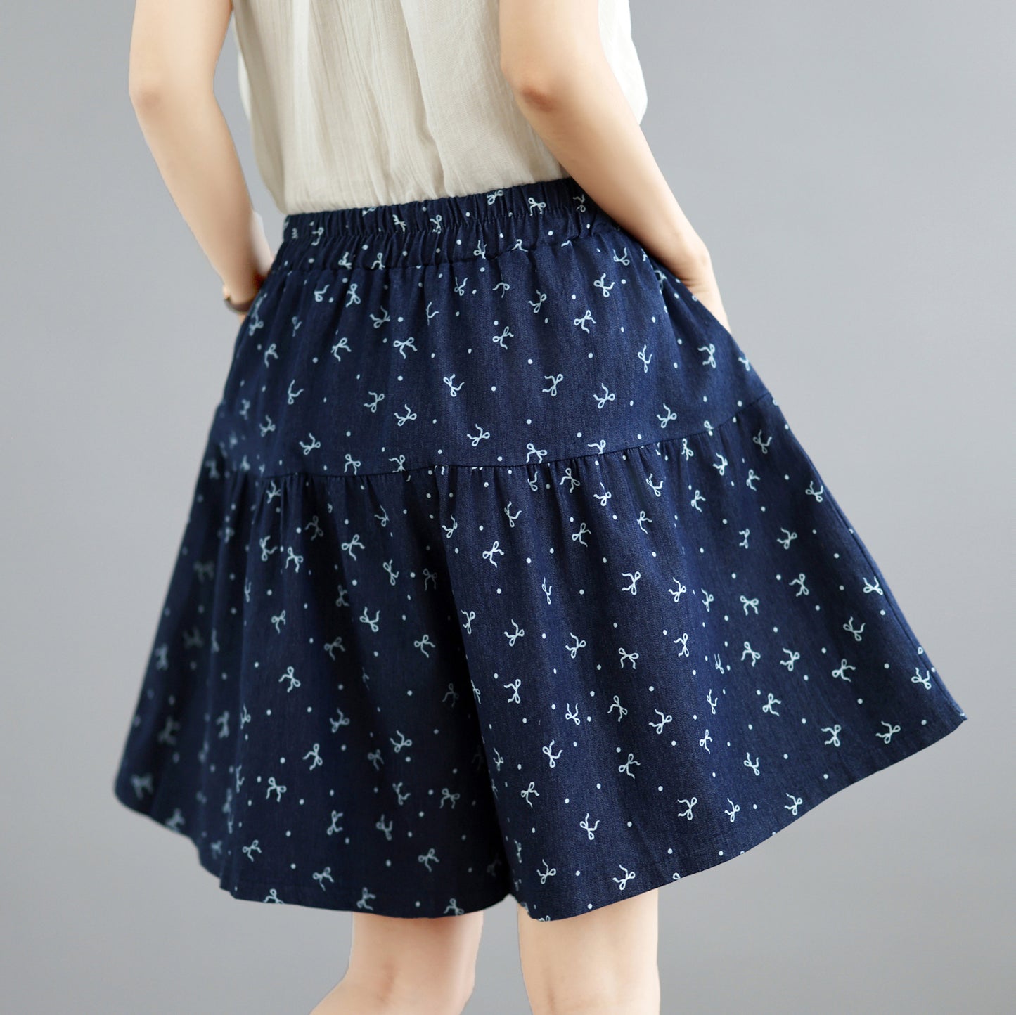 Floral Denim Skort Shorts – Elastic Waist & Pockets - LAI MENG FIVE CATS