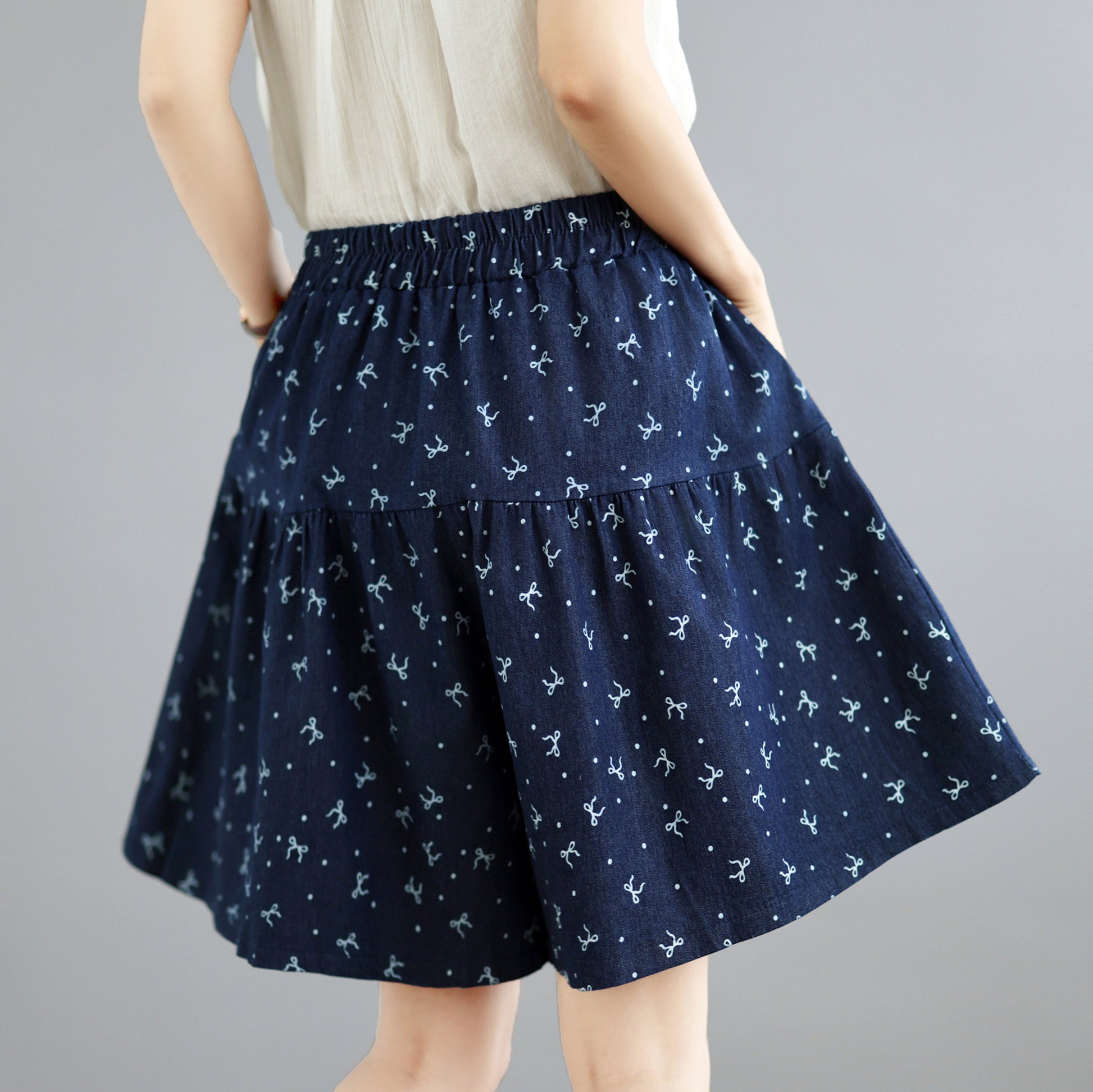 Floral Denim Skort Shorts – Elastic Waist & Pockets - LAI MENG FIVE CATS