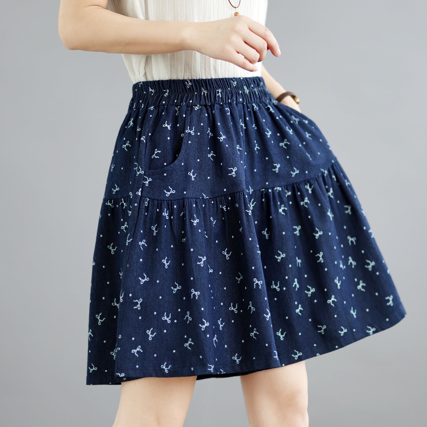 Floral Denim Skort Shorts – Elastic Waist & Pockets - LAI MENG FIVE CATS