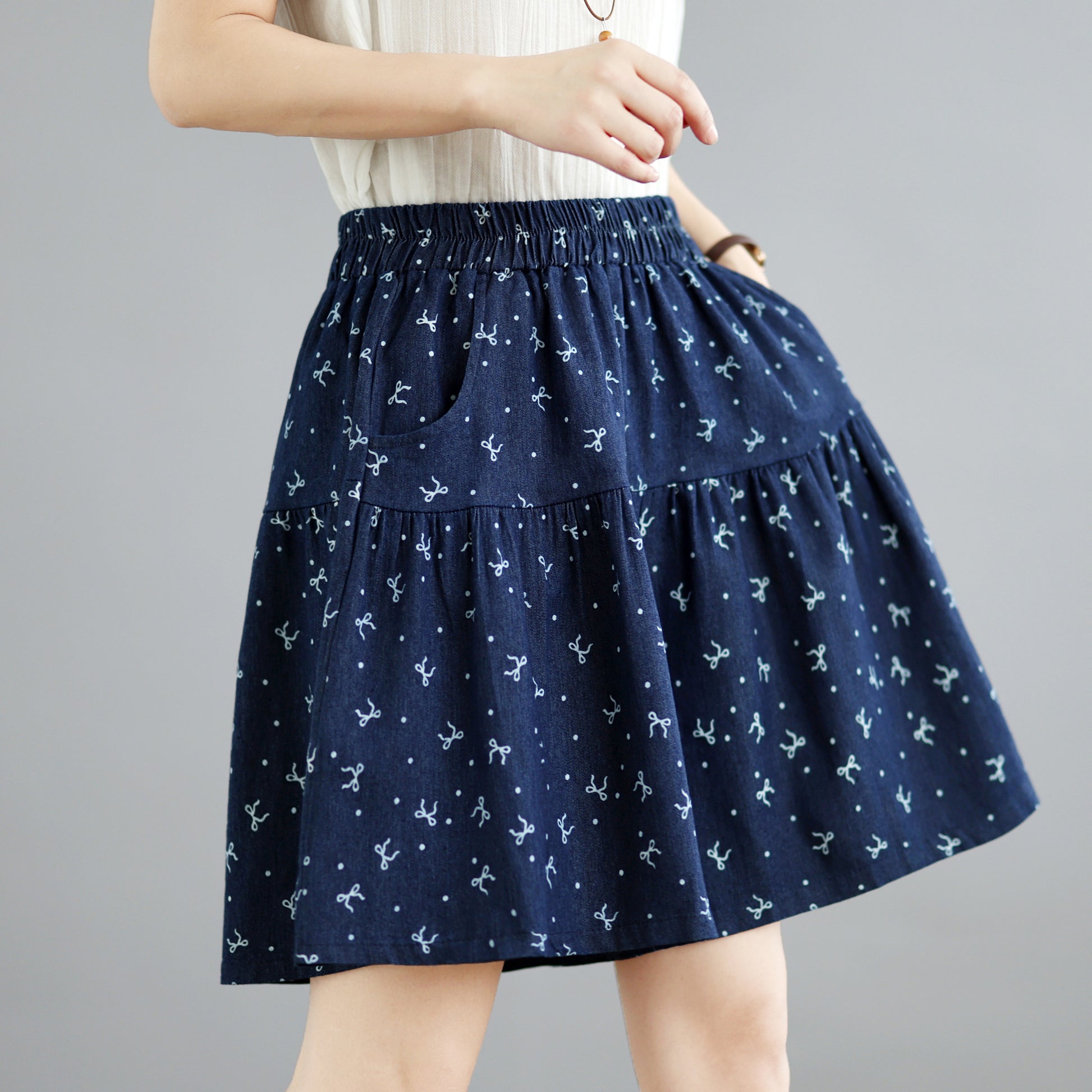Floral Denim Skort Shorts – Elastic Waist & Pockets - LAI MENG FIVE CATS