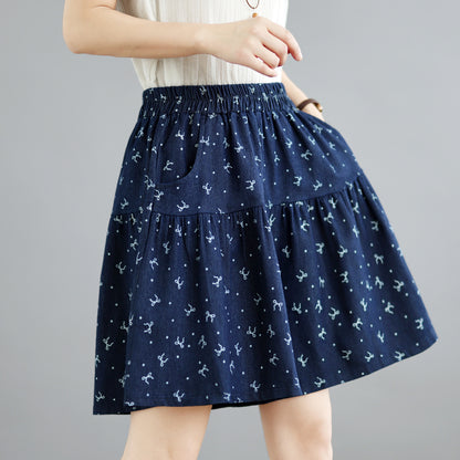 Floral Denim Skort Shorts – Elastic Waist & Pockets - LAI MENG FIVE CATS