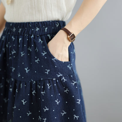 Floral Denim Skort Shorts – Elastic Waist & Pockets - LAI MENG FIVE CATS