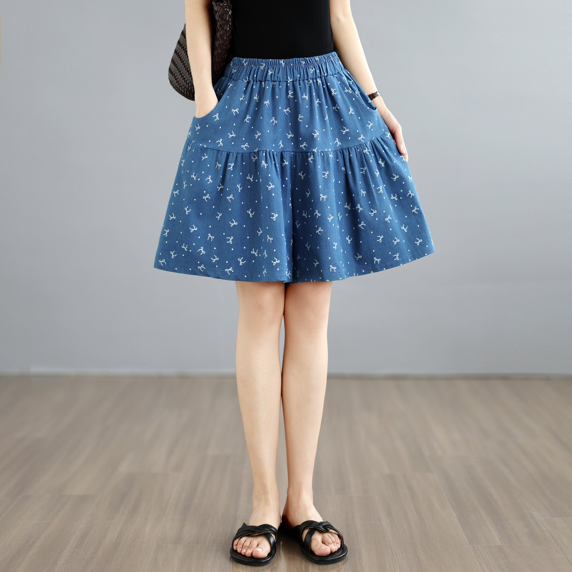 Floral Denim Skort Shorts – Elastic Waist & Pockets - LAI MENG FIVE CATS