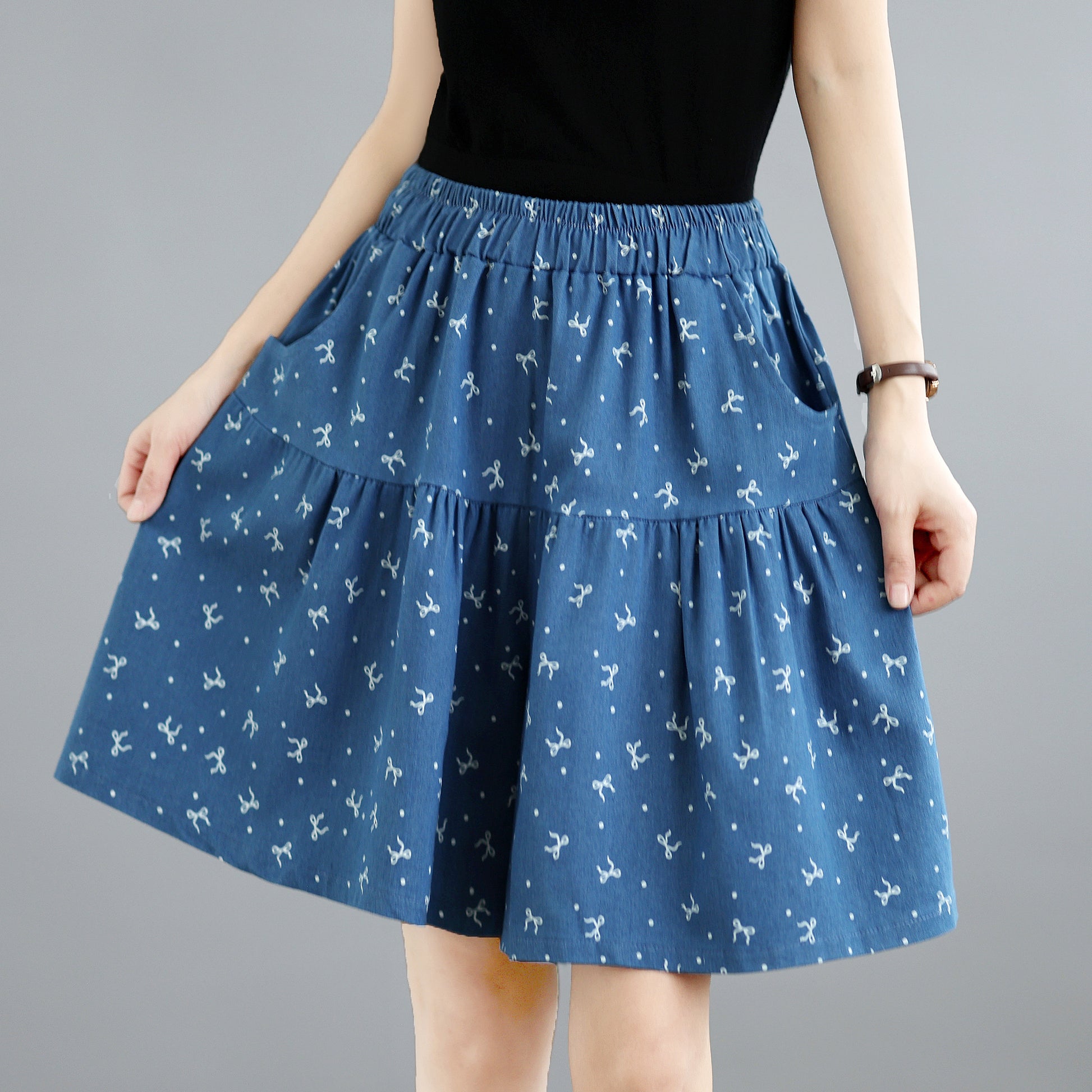 Floral Denim Skort Shorts – Elastic Waist & Pockets - LAI MENG FIVE CATS