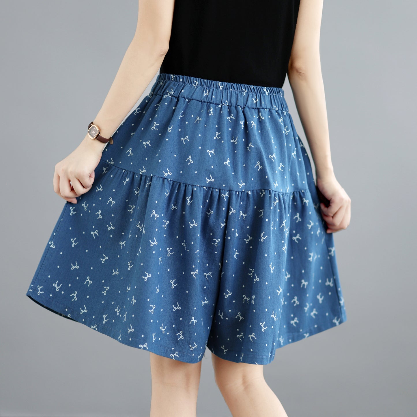 Floral Denim Skort Shorts – Elastic Waist & Pockets - LAI MENG FIVE CATS