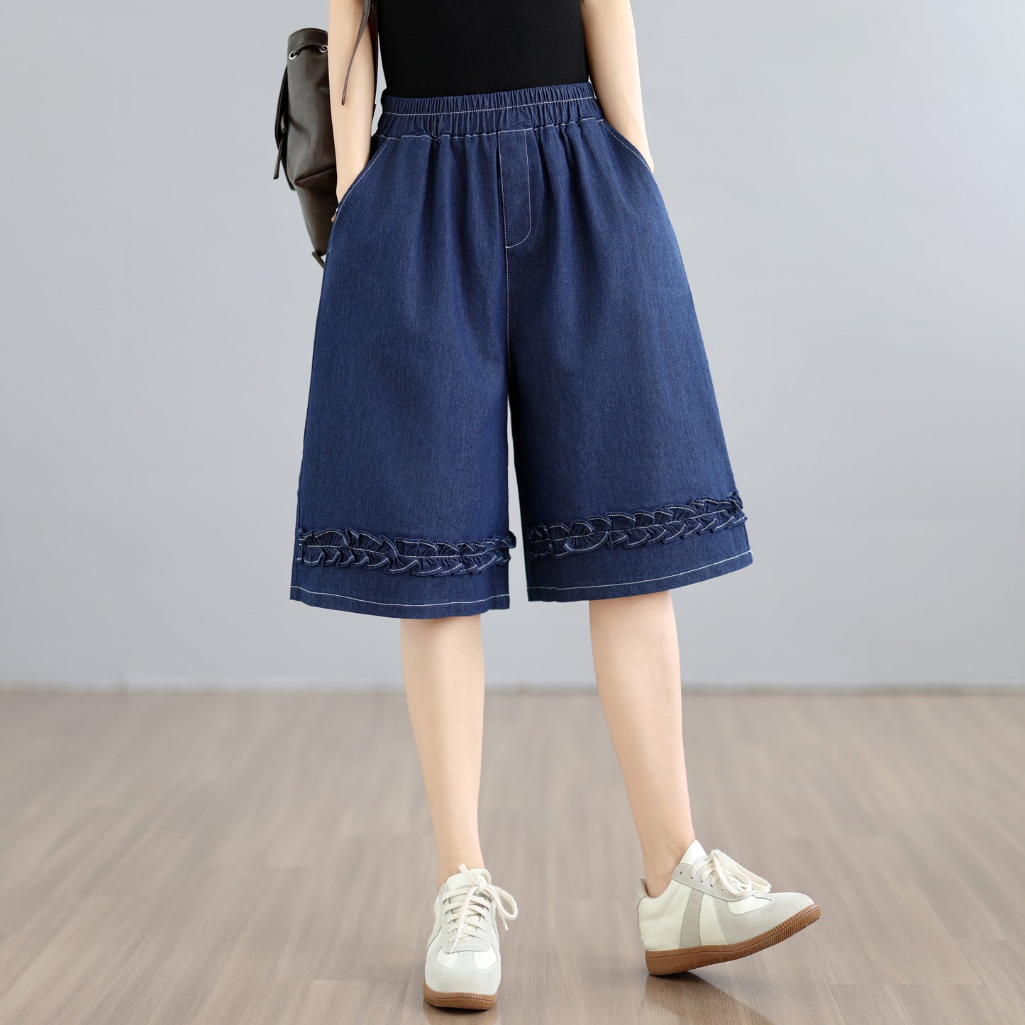 Lightweight Denim Culotte Shorts with Braided Hem