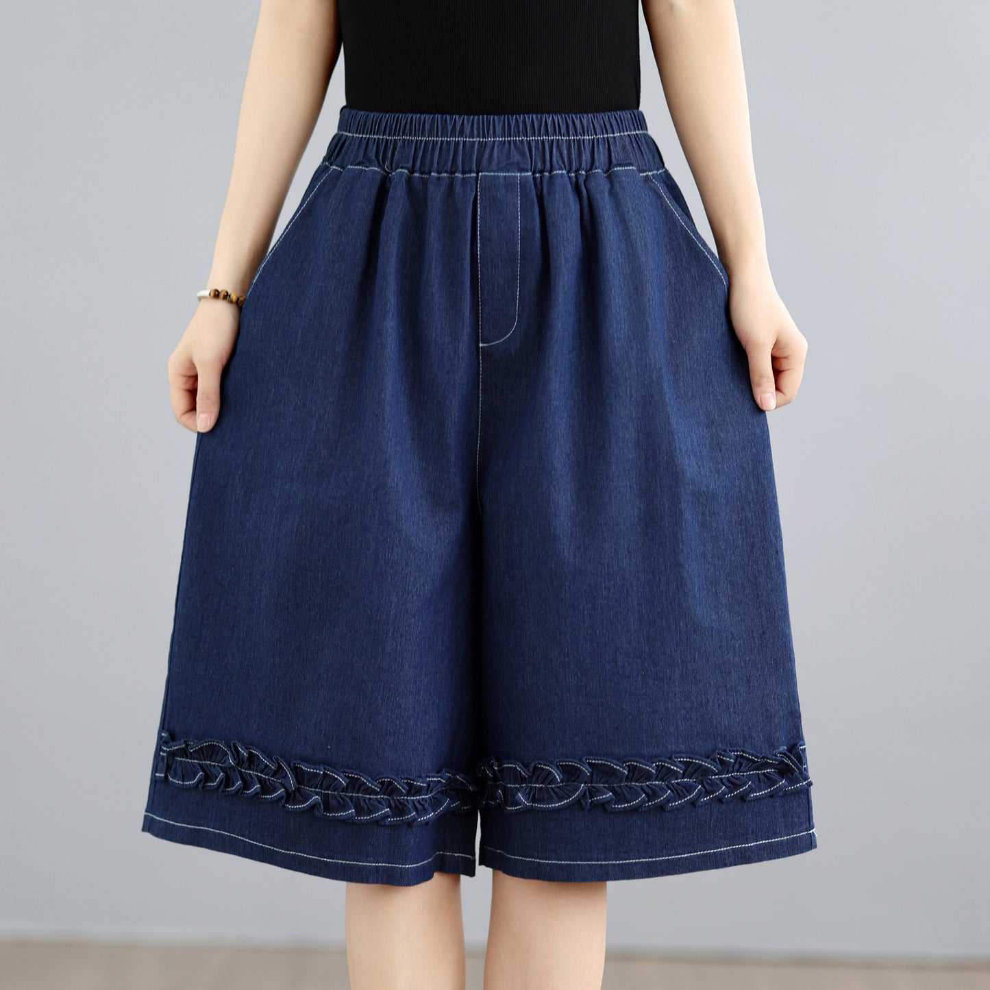 Lightweight Denim Culotte Shorts with Braided Hem