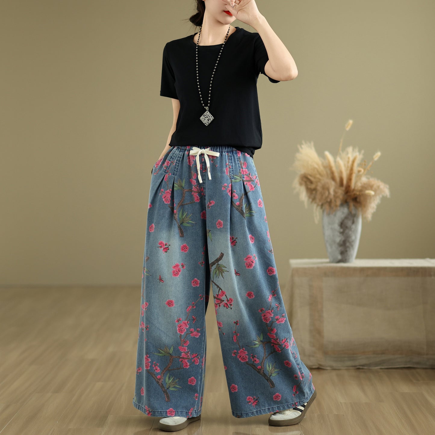 Women's Jeans Elastic Waist Wide Leg Denim Pants