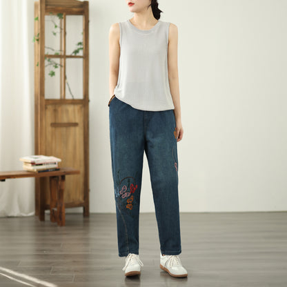 Women's Elastic Waist Embroidery Denim Jeans Pants