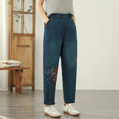 Women's Elastic Waist Embroidery Denim Jeans Pants
