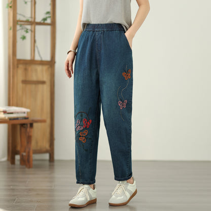 Women's Elastic Waist Embroidery Denim Jeans Pants