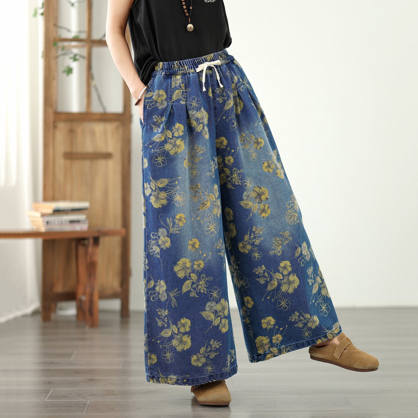 Women's Jeans Elastic Waist Wide Leg Denim Pants