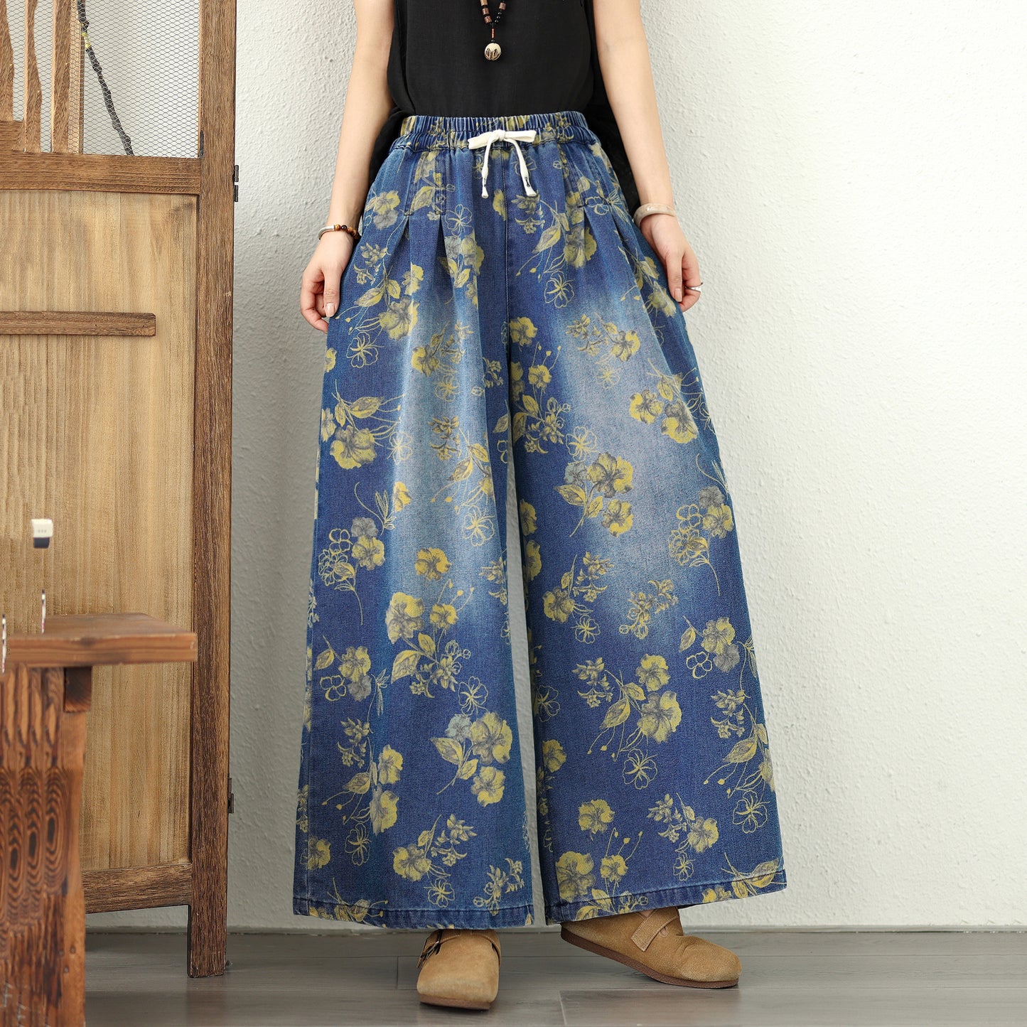 Women's Jeans Elastic Waist Wide Leg Denim Pants