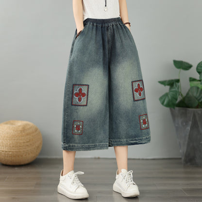 Embroidered Elastic-Waist Cropped Wide-Leg Jeans