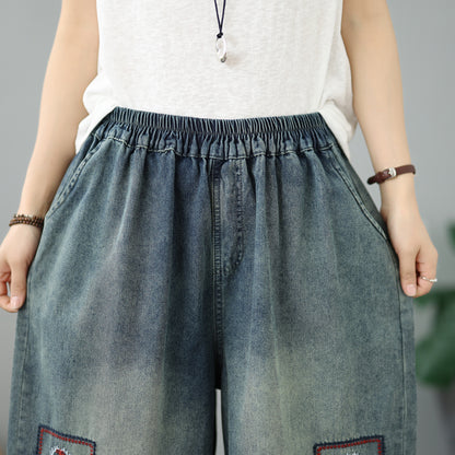 Embroidered Elastic-Waist Cropped Wide-Leg Jeans