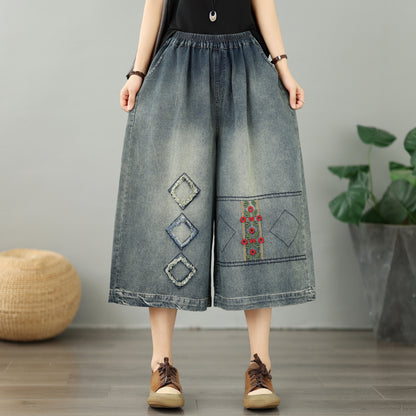 Women's Embroidery Wide-Leg Cropped Denim Pants - LAI MENG FIVE CATS
