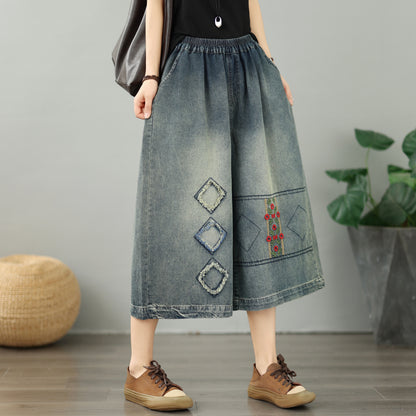 Women's Embroidery Wide-Leg Cropped Denim Pants - LAI MENG FIVE CATS