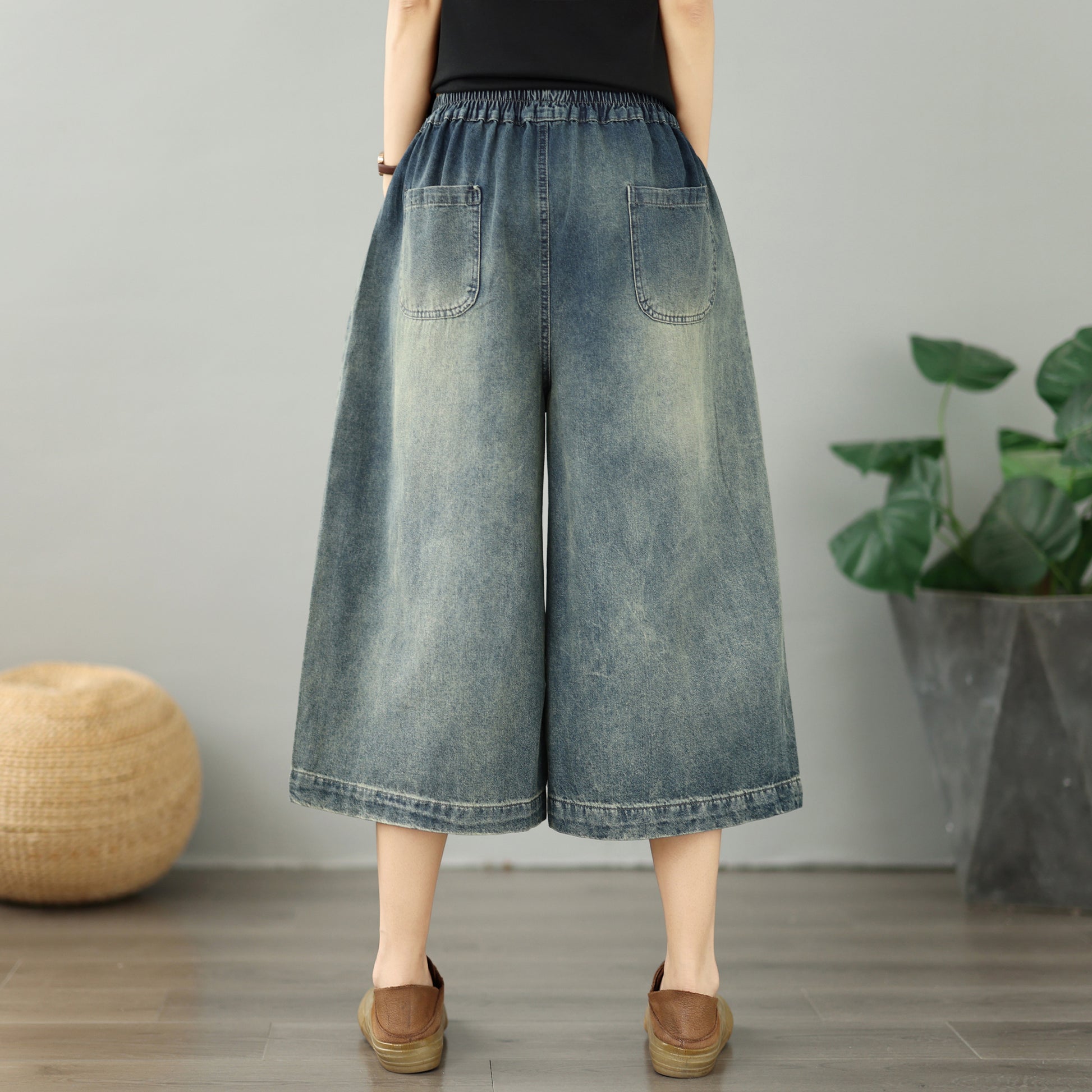 Women's Embroidery Wide-Leg Cropped Denim Pants - LAI MENG FIVE CATS