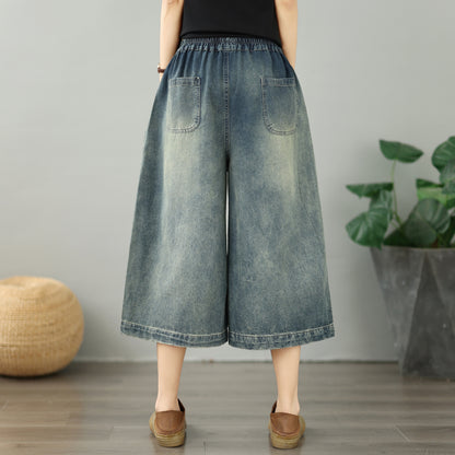 Women's Embroidery Wide-Leg Cropped Denim Pants - LAI MENG FIVE CATS
