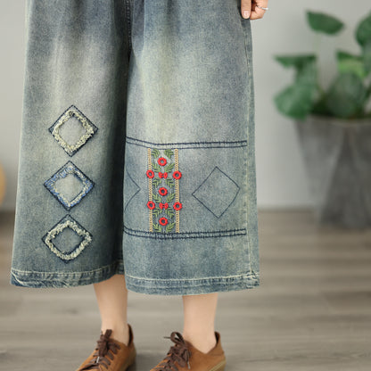 Women's Embroidery Wide-Leg Cropped Denim Pants - LAI MENG FIVE CATS