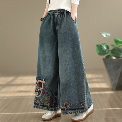 26-Women's Baggy Jeans Embroidery Elastic Waist Denim - LAI MENG FIVE CATS