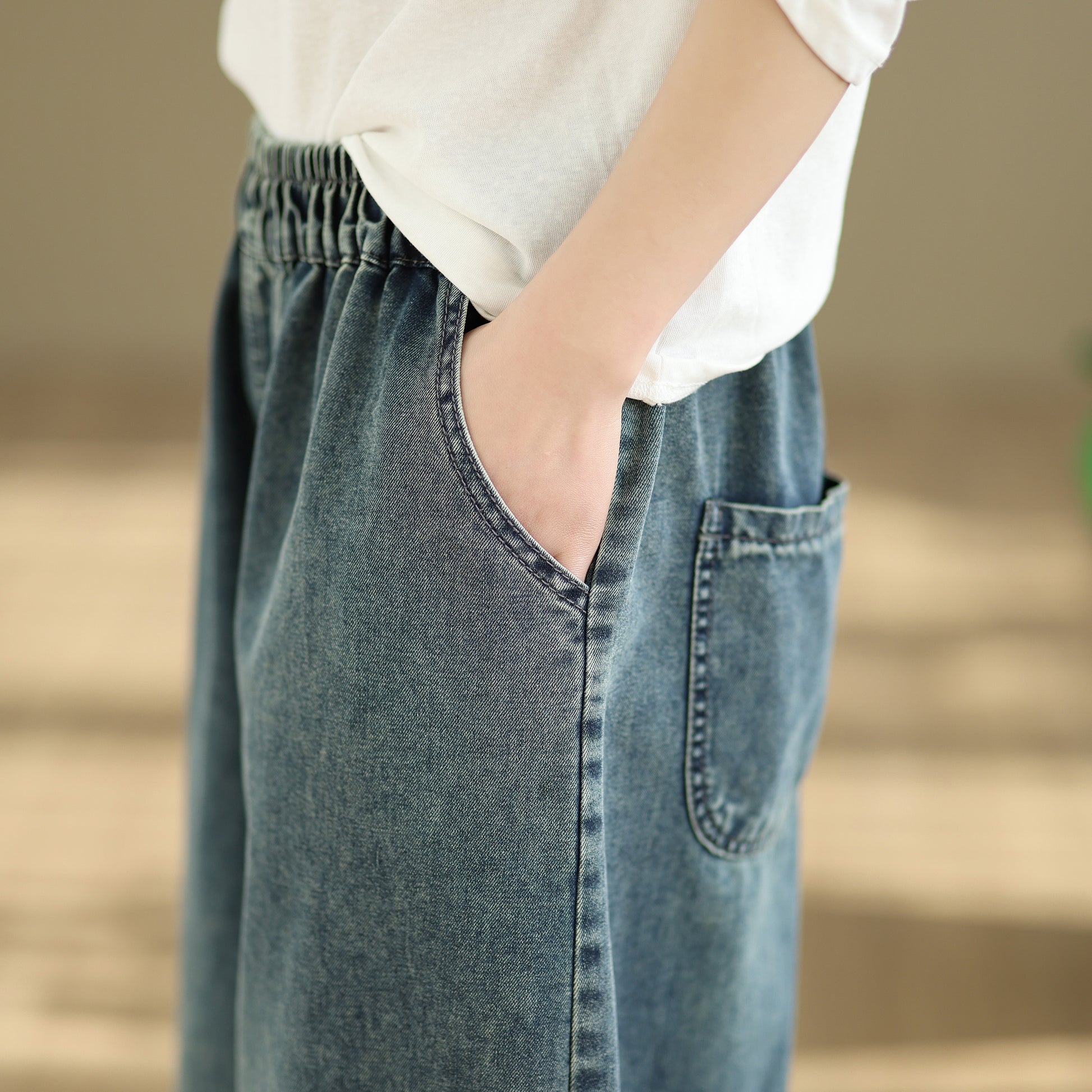 26-Women's Baggy Jeans Embroidery Elastic Waist Denim - LAI MENG FIVE CATS