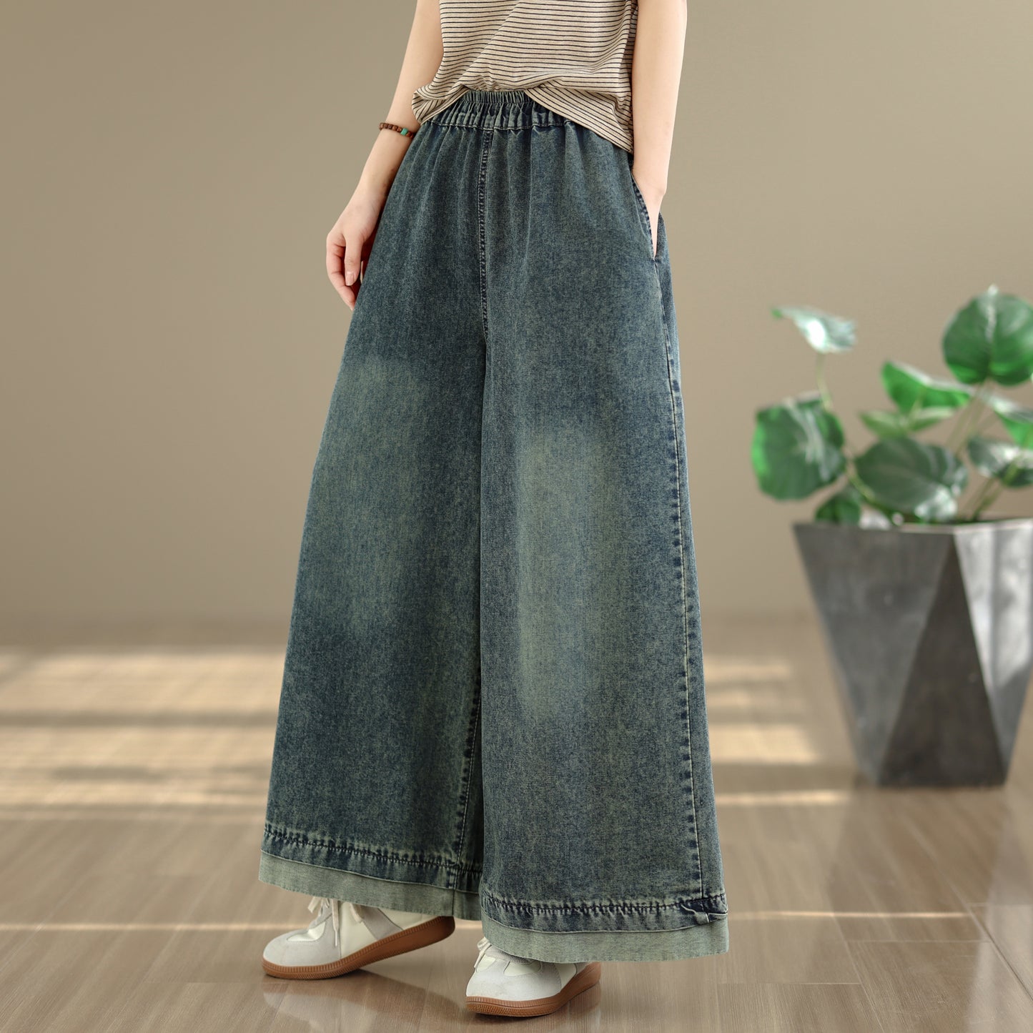 26-Women's Jeans Elastic Waist Baggy Wide Leg Denim - LAI MENG FIVE CATS