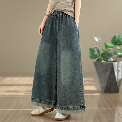 26-Women's Jeans Elastic Waist Baggy Wide Leg Denim - LAI MENG FIVE CATS