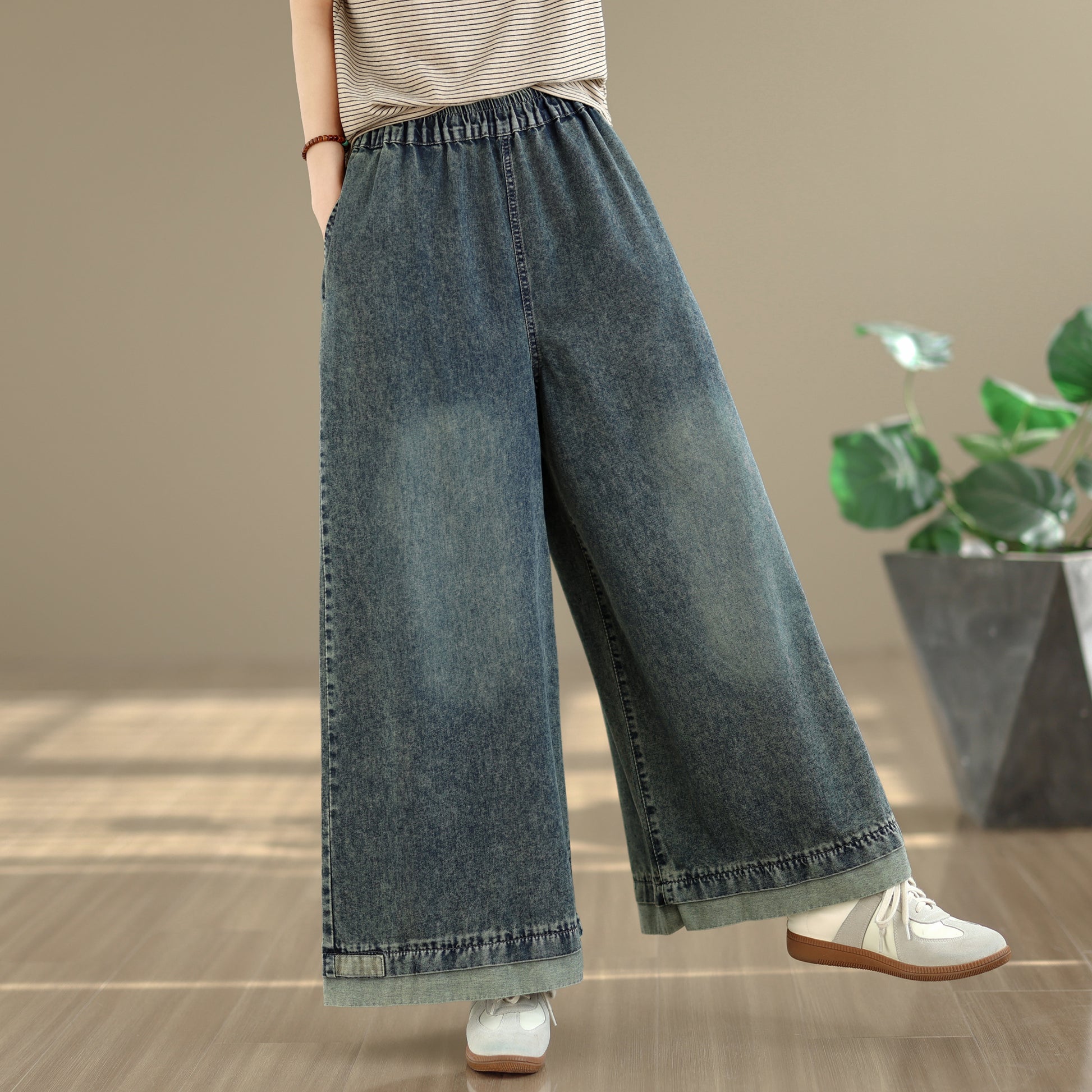 26-Women's Jeans Elastic Waist Baggy Wide Leg Denim - LAI MENG FIVE CATS