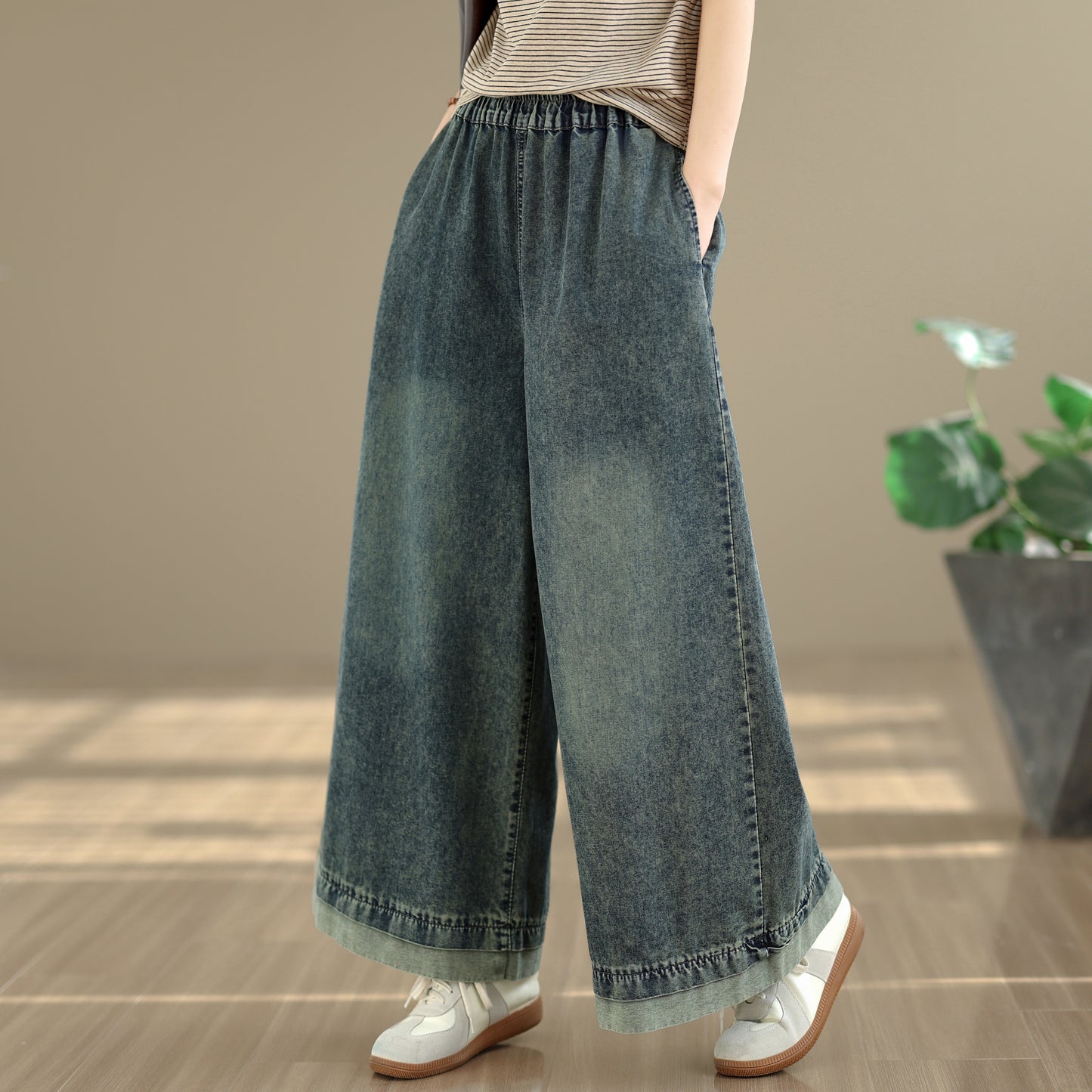 26-Women's Jeans Elastic Waist Baggy Wide Leg Denim - LAI MENG FIVE CATS