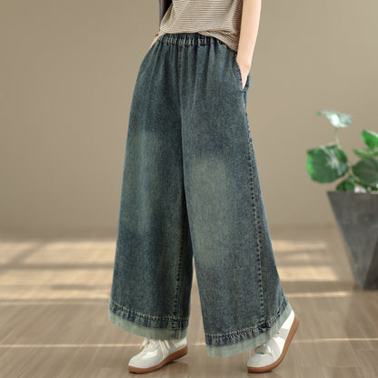 26-Women's Jeans Elastic Waist Baggy Wide Leg Denim - LAI MENG FIVE CATS