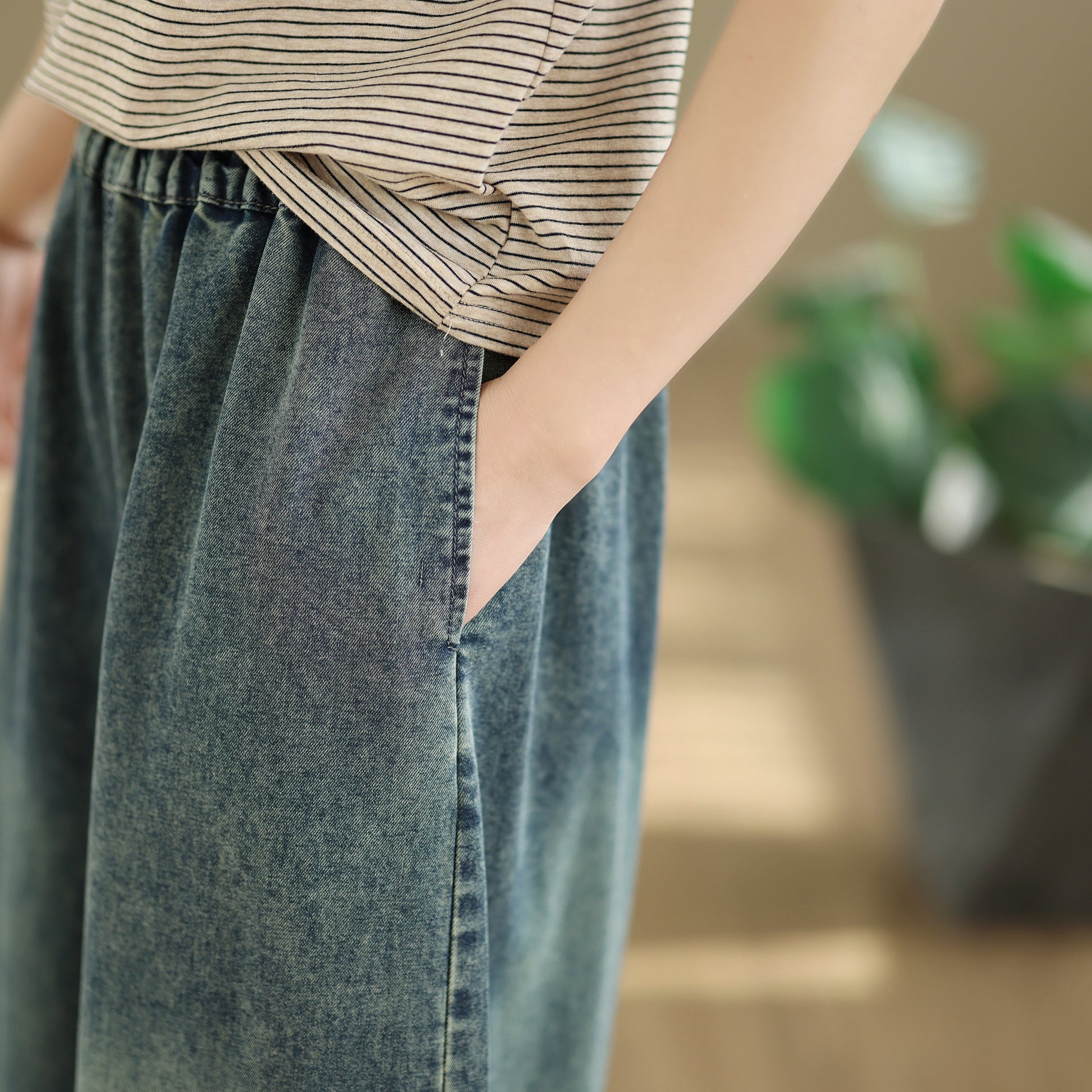 26-Women's Jeans Elastic Waist Baggy Wide Leg Denim - LAI MENG FIVE CATS