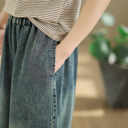 26-Women's Jeans Elastic Waist Baggy Wide Leg Denim - LAI MENG FIVE CATS