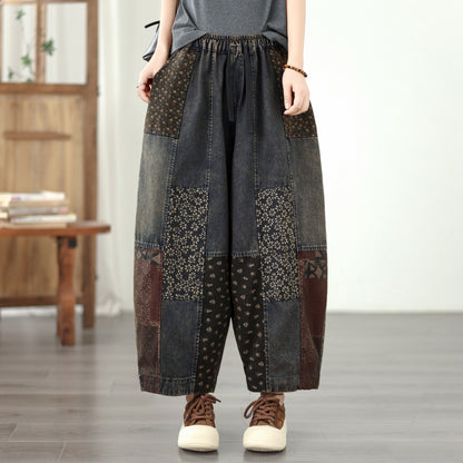 Women’s Relaxed Tapered Denim Pants – Elastic Waist, Patchwork Print