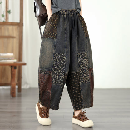 Women’s Relaxed Tapered Denim Pants – Elastic Waist, Patchwork Print