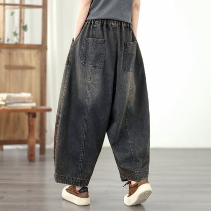 Women’s Relaxed Tapered Denim Pants – Elastic Waist, Patchwork Print