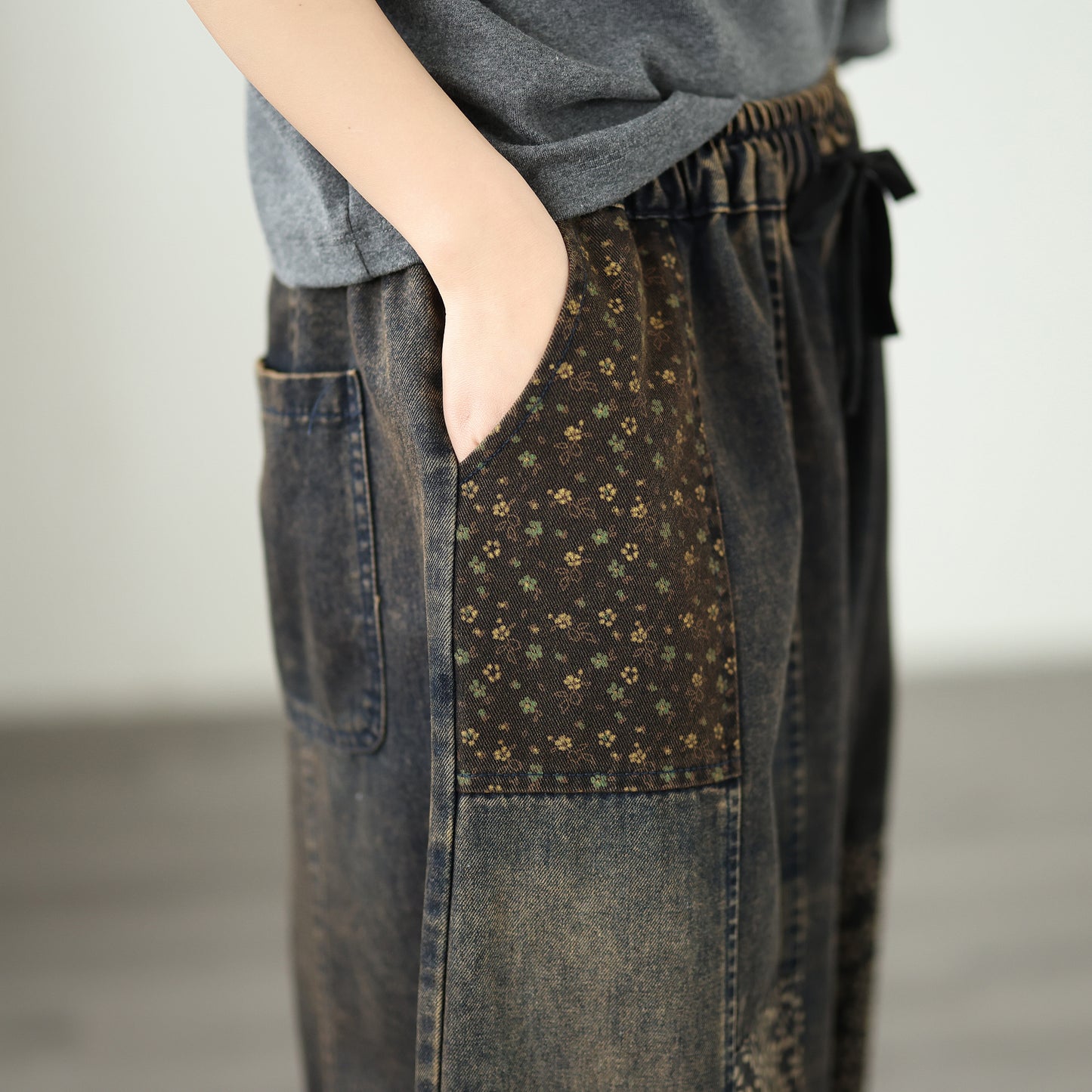 Women’s Relaxed Tapered Denim Pants – Elastic Waist, Patchwork Print