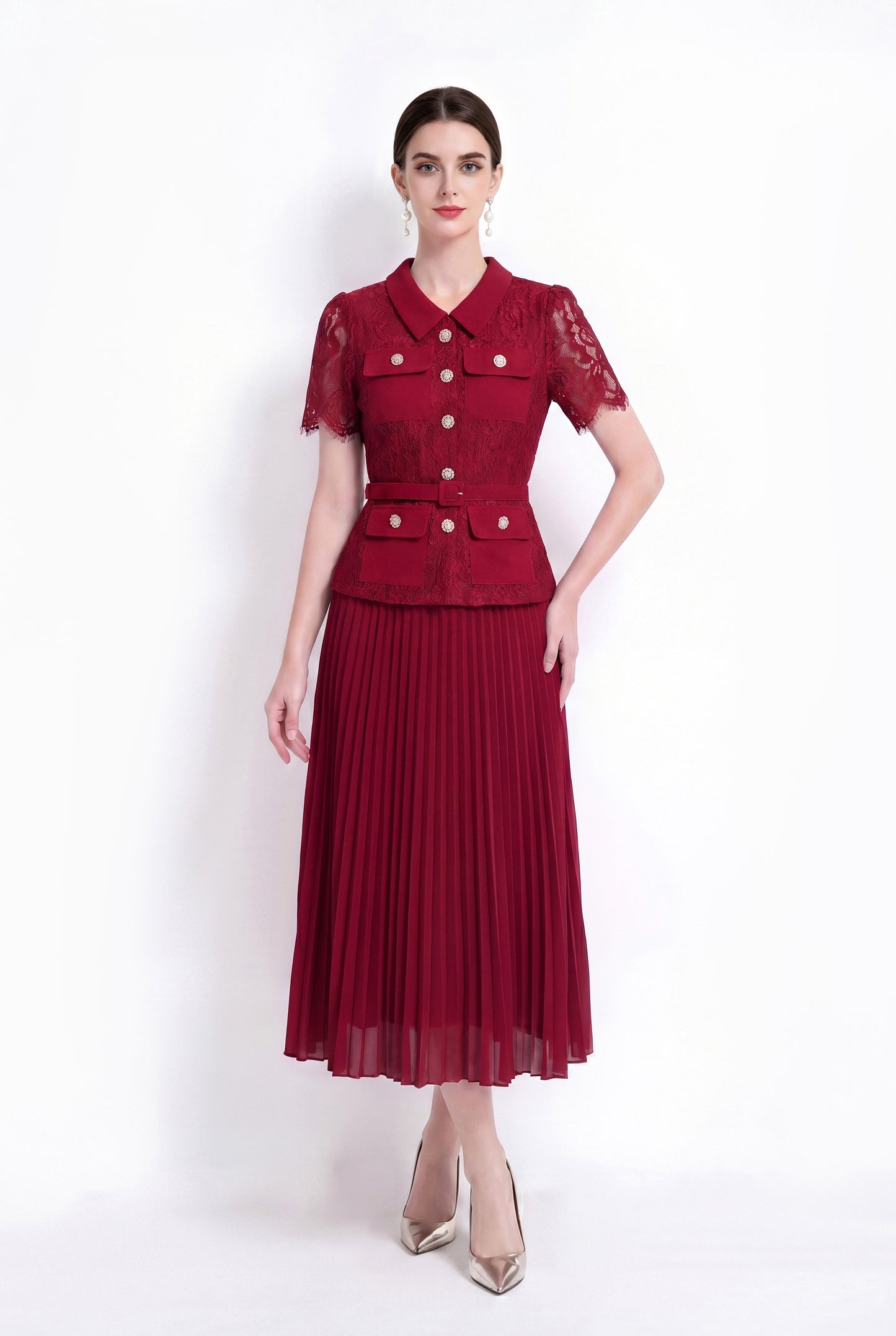 Lace Pleated Midi Dress | Elegant Collared Belted Dress for Women