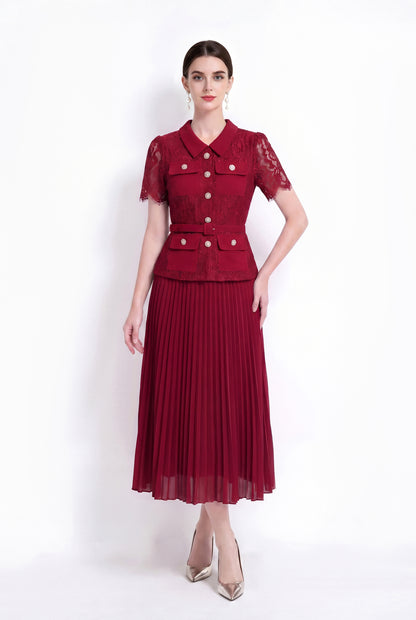 Lace Pleated Midi Dress | Elegant Collared Belted Dress for Women