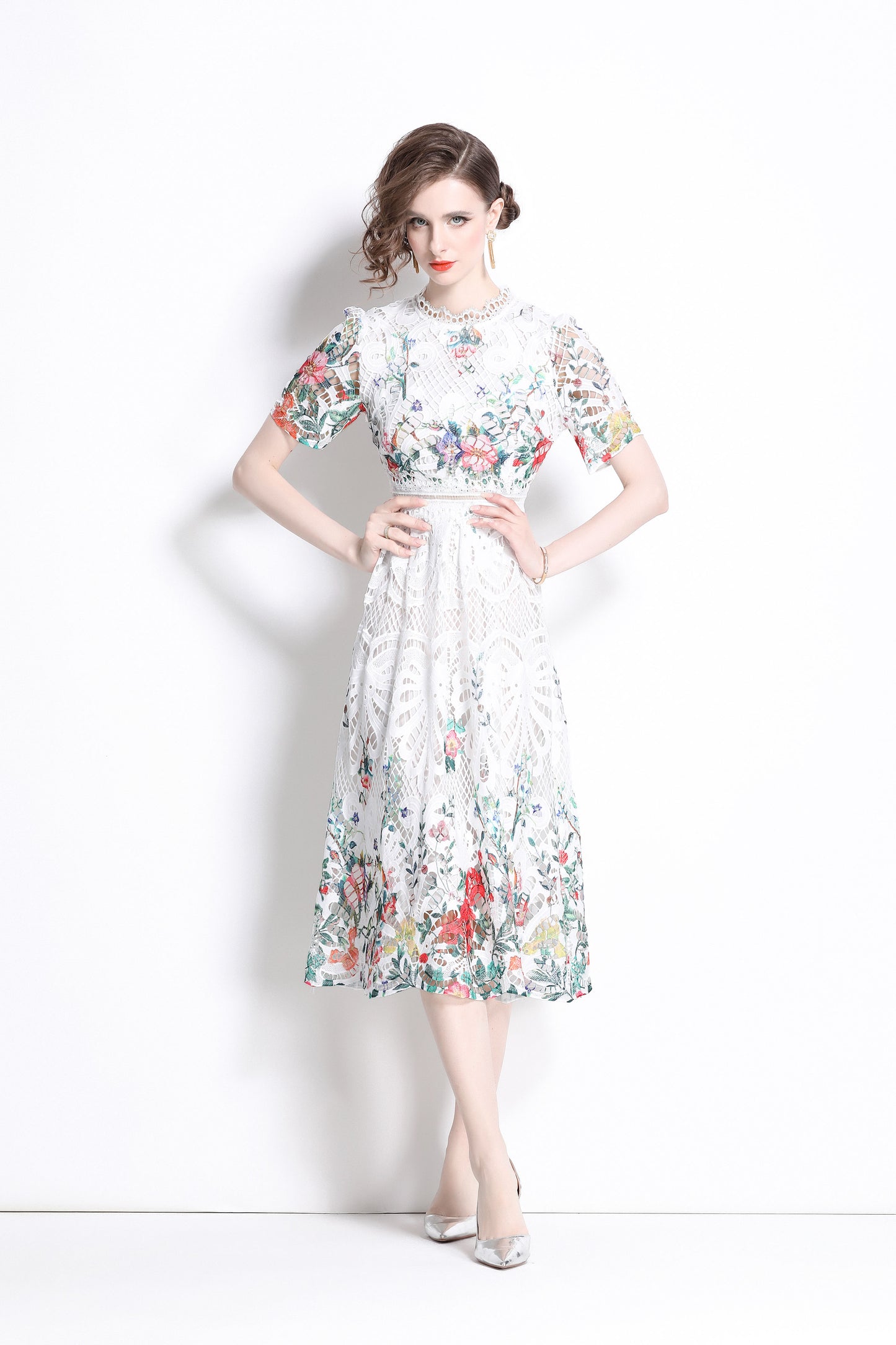 Women's Lace Floral Short Sleeve Crochet Waist Cocktail Midi Dress