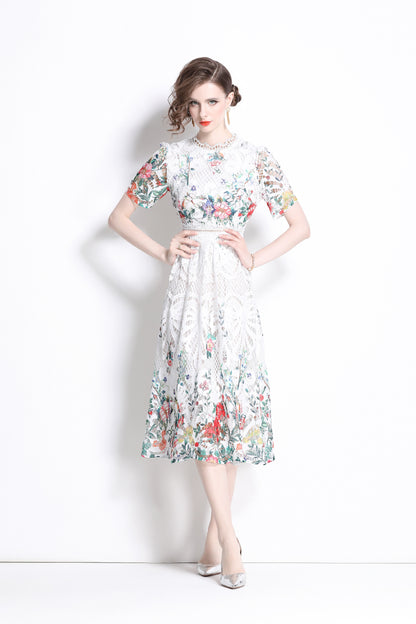 Women's Lace Floral Short Sleeve Crochet Waist Cocktail Midi Dress