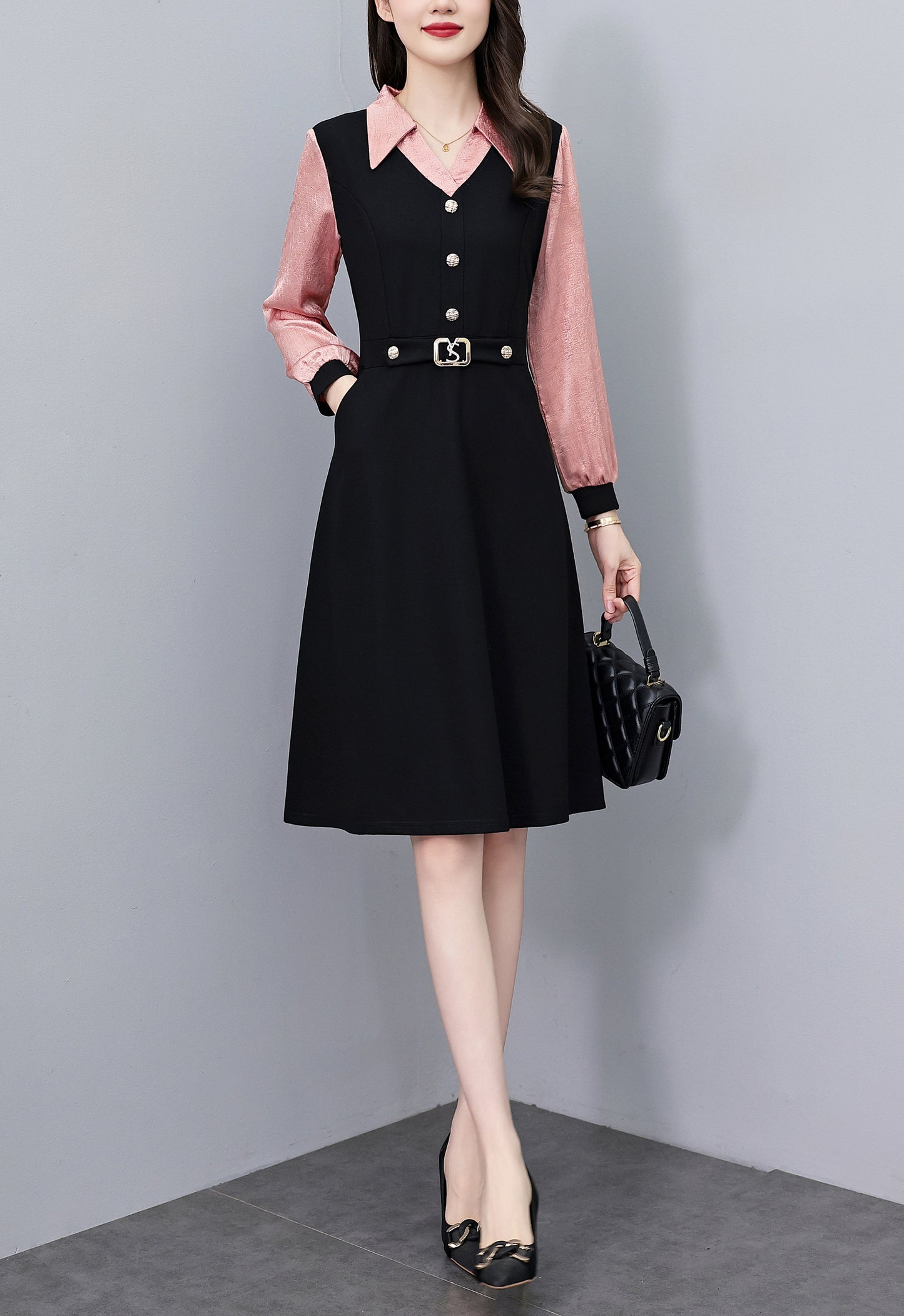 Women's Lapel V-Neck Pocket Long Sleeve Black Dress
