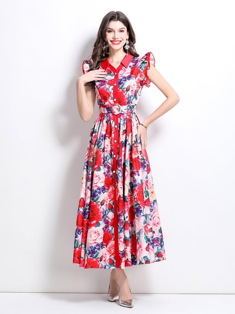 BK-Floral V Neck Sleeveless Ruffles Maxi Dresses