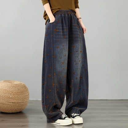 28677-Vintage Brown Star Print Denim Wide Leg Pants with Elastic Waist