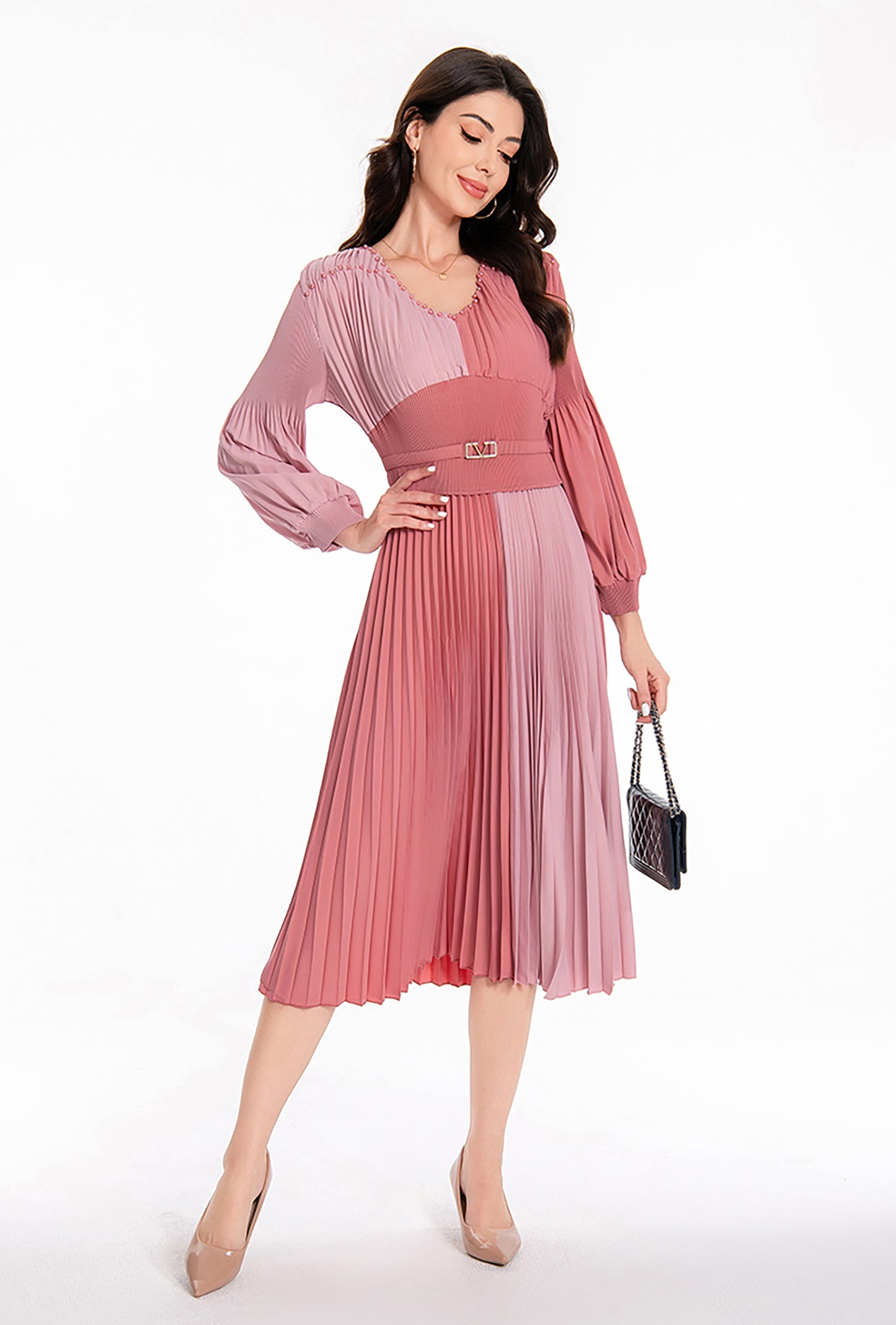 Women's Puff Sleeves V-Neck Solid Color Pleated Dress